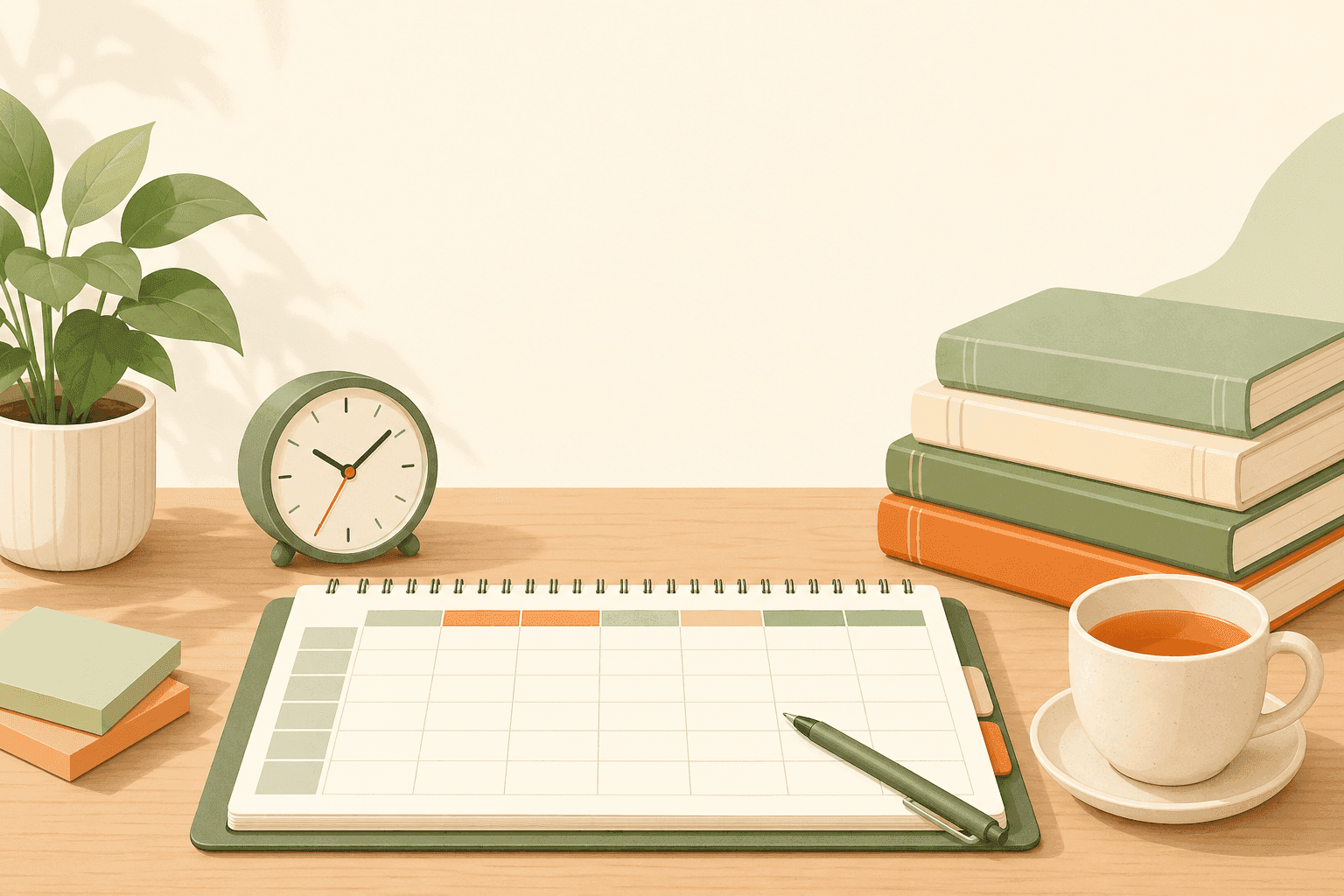 Illustrated study desk with planner, clock, textbooks and tea — building a study timetable