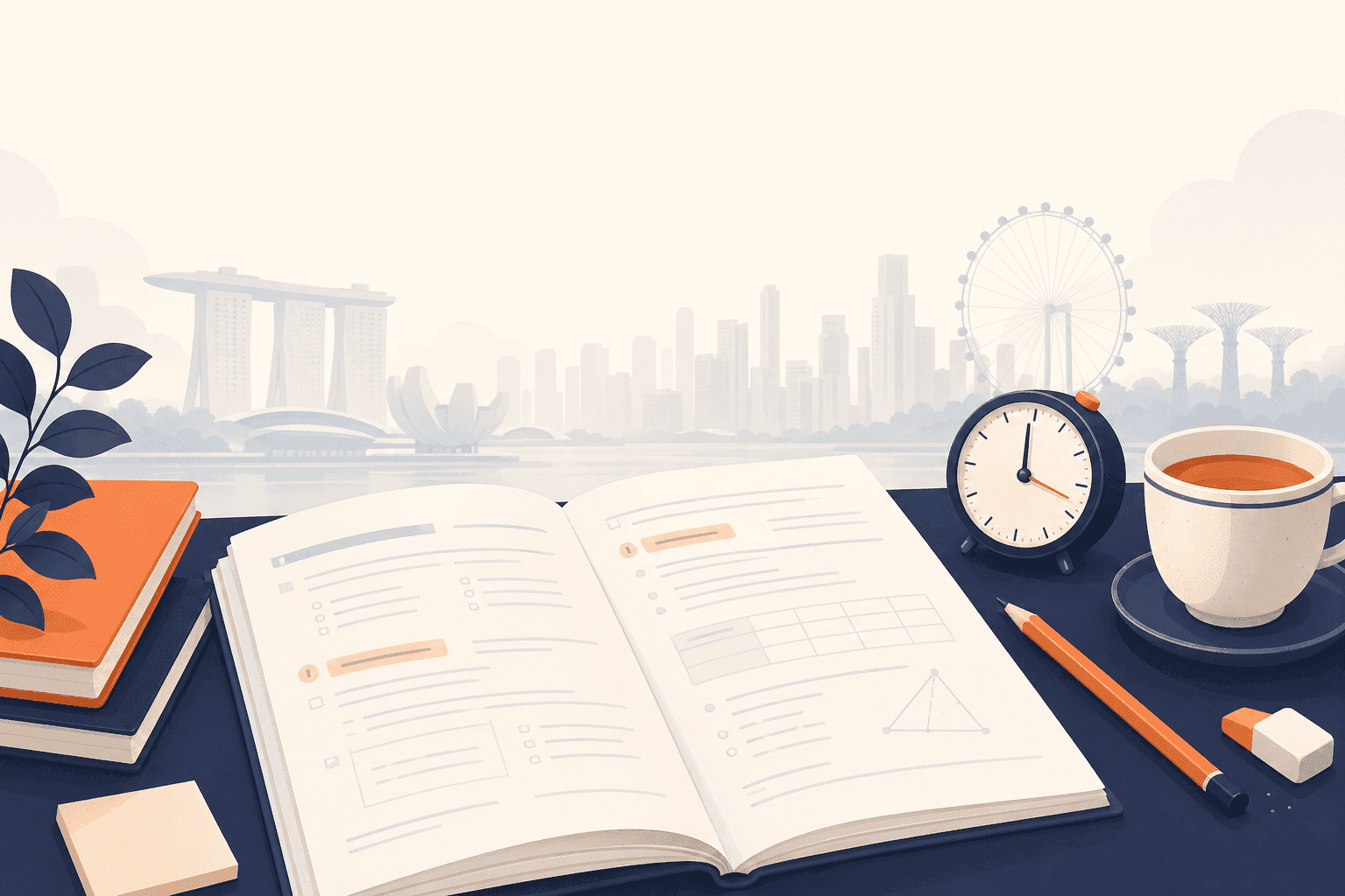 Illustrated O-Level exam paper with highlighted command words and pencil — exam strategy