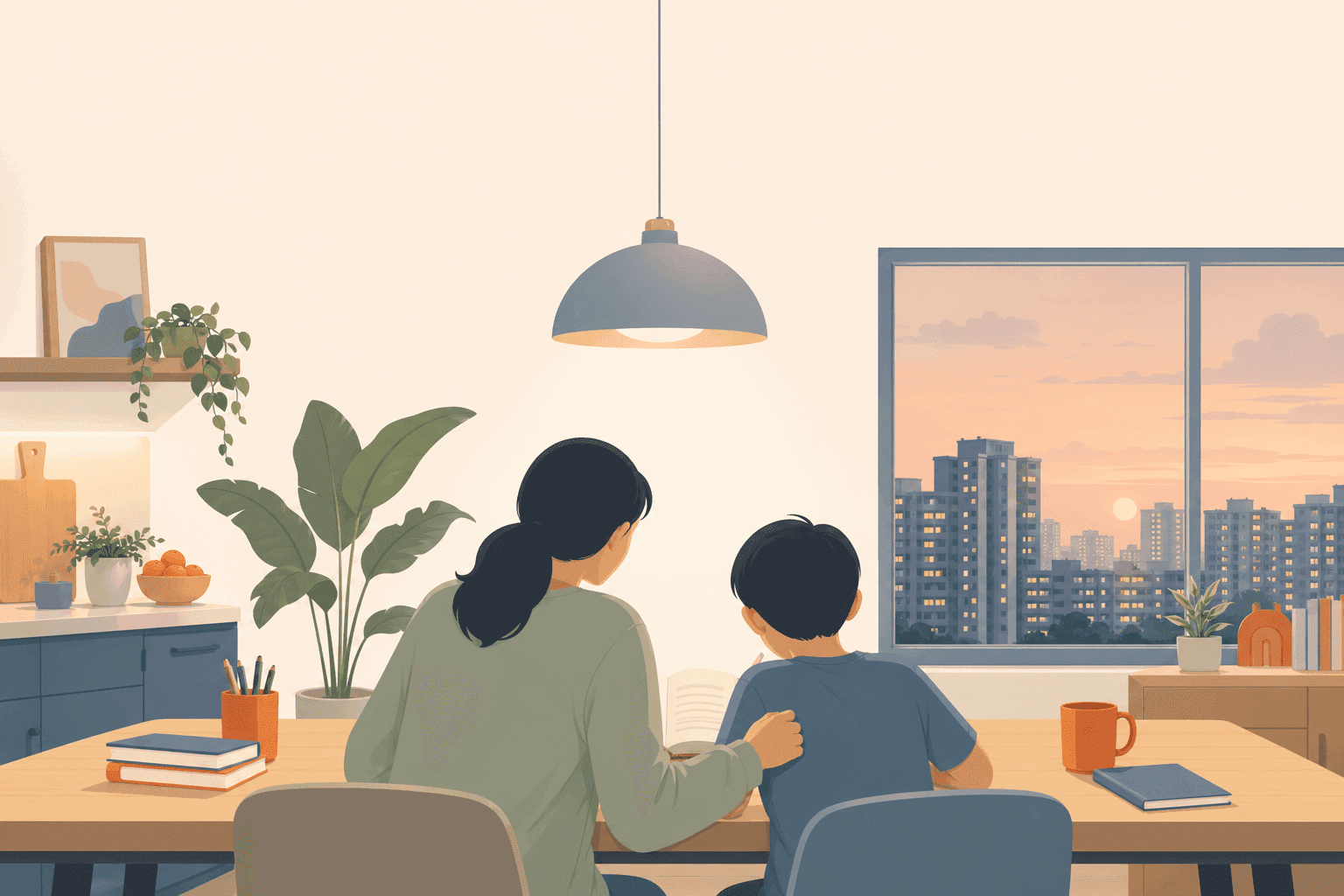 Illustrated Singapore parent and child reading together at a kitchen table — supporting school learning