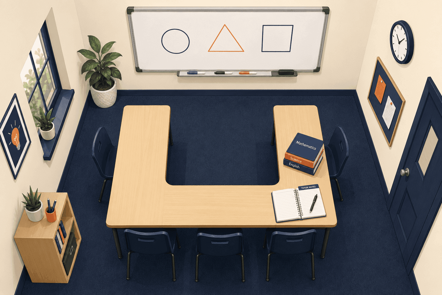 Top-down illustration of a small tuition classroom with U-shaped table and whiteboard